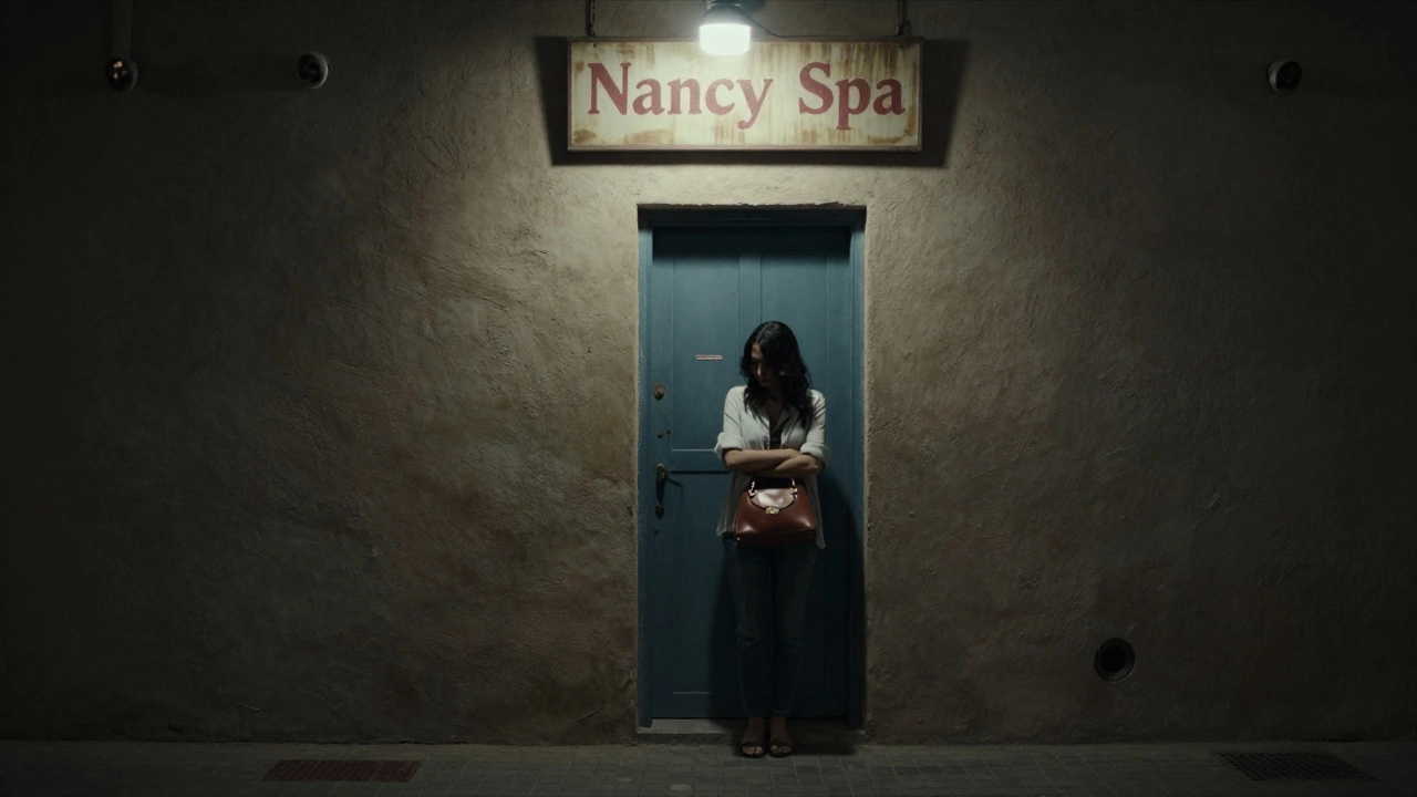 A secretive alleyway with a faded &#039;Nancy Spa&#039; sign, a woman hesitating at a door under harsh lights.