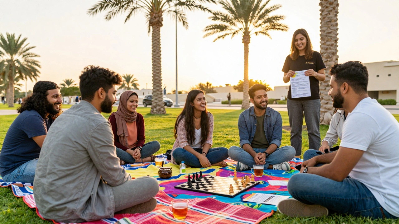 Diverse expats enjoying a social meetup in a Dubai park at sunset, laughing and playing games together.
